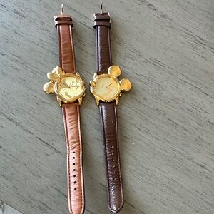 Gold Mickey/Minnie Mouse Watches with Brown and Tan Straps